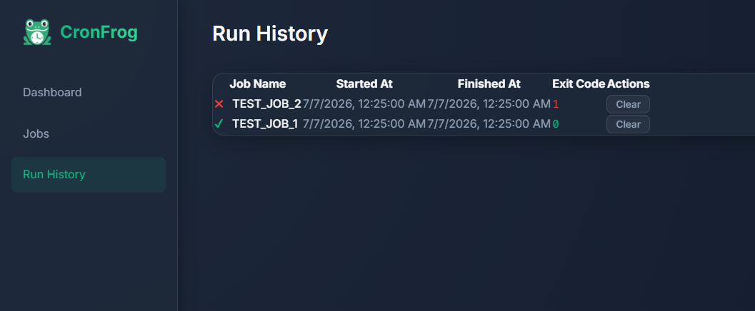 Run history page showing passed and failed job runs