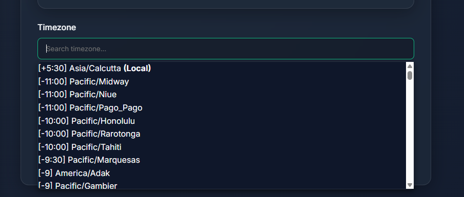 Searchable timezone selector with UTC offsets